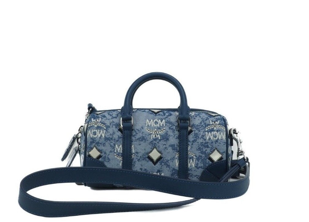 MCM Essential Monogrammed Small Boston Bag in Blue
