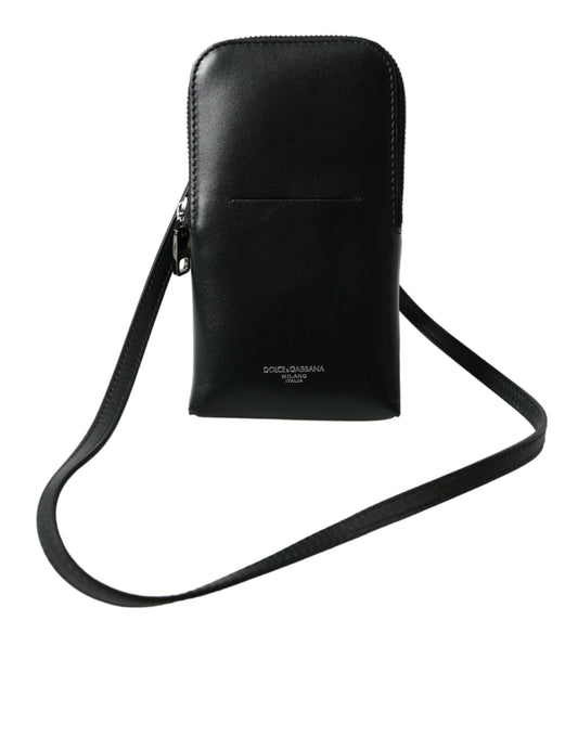 Dolce & Gabbana Black Leather Zip Around Logo Print Lanyard Strap Wallet - DEA STILOSA MILANO