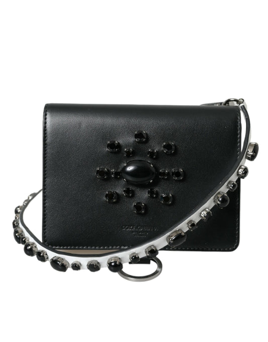 Dolce & Gabbana Black White Leather Crystal Embellished Cardholder Wallet - DEA STILOSA MILANO