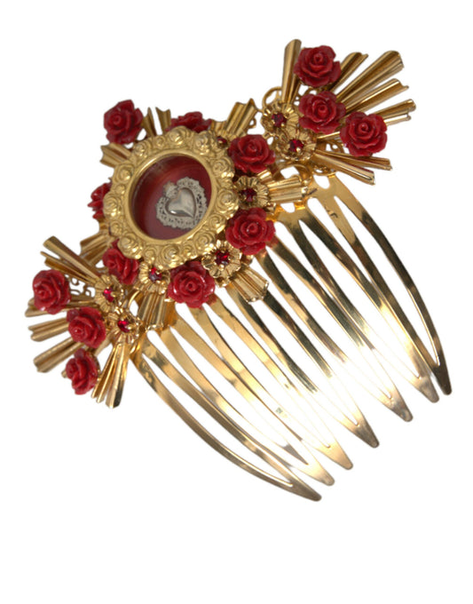 Dolce & Gabbana Gold Brass Crystal Heart Floral Hair Comb - DEA STILOSA MILANO