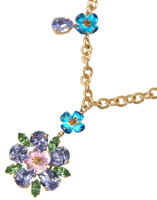 Dolce & Gabbana Gold Brass Chain Crystal Floral Pendant Charm Necklace - DEA STILOSA MILANO