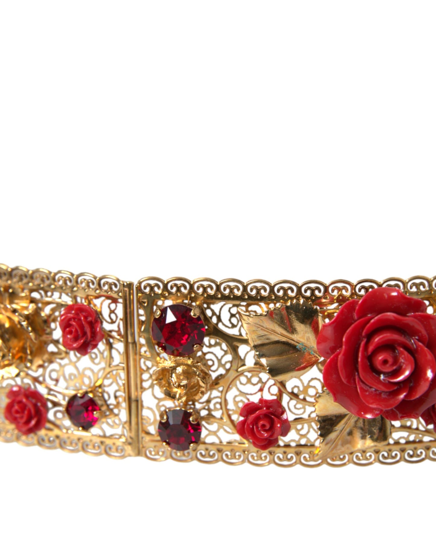 Dolce & Gabbana Gold Brass Red Roses Crystal Jewel Waist Belt - DEA STILOSA MILANO