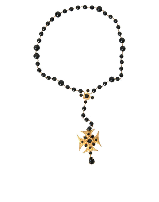 Dolce & Gabbana Gold Tone Brass Cross Black Beaded Chain Rosary Necklace - DEA STILOSA MILANO