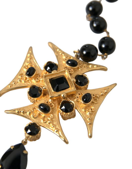 Dolce & Gabbana Gold Tone Brass Cross Black Beaded Chain Rosary Necklace - DEA STILOSA MILANO