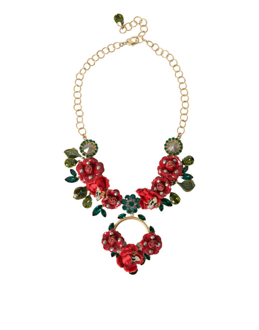 Dolce & Gabbana Gold Brass Link Chain Rose Petal Crystal Pendant Necklace - DEA STILOSA MILANO