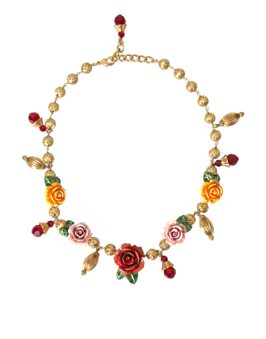 Dolce & Gabbana Multicolor Roses Crystals Gold Ball Chain Necklace - DEA STILOSA MILANO