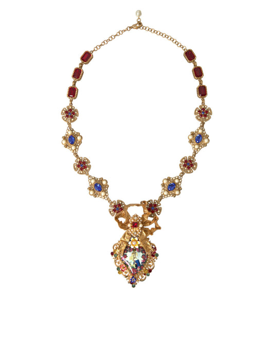 Dolce & Gabbana Gold Brass Mama Mary Crystal Pearl Embellished Necklace - DEA STILOSA MILANO