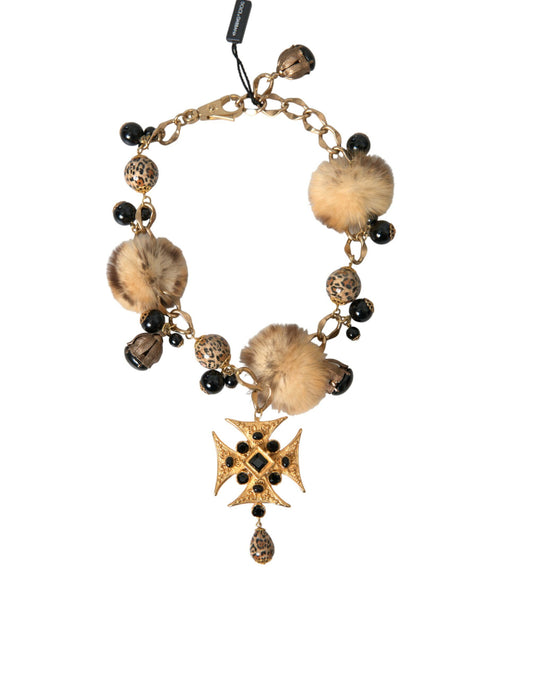 Dolce & Gabbana Gold Black Crystals Lapin Fur Filigree Chocker Necklace - DEA STILOSA MILANO