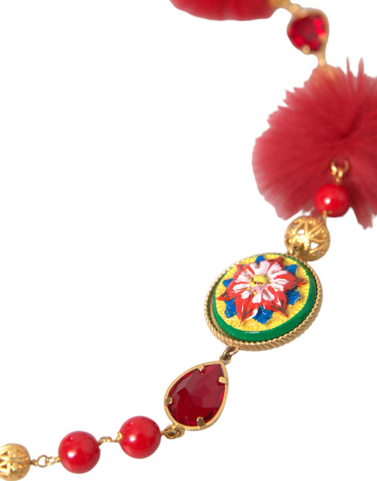 Dolce & Gabbana Gold Brass Red Fur Crystal Carretto Chain Necklace - DEA STILOSA MILANO