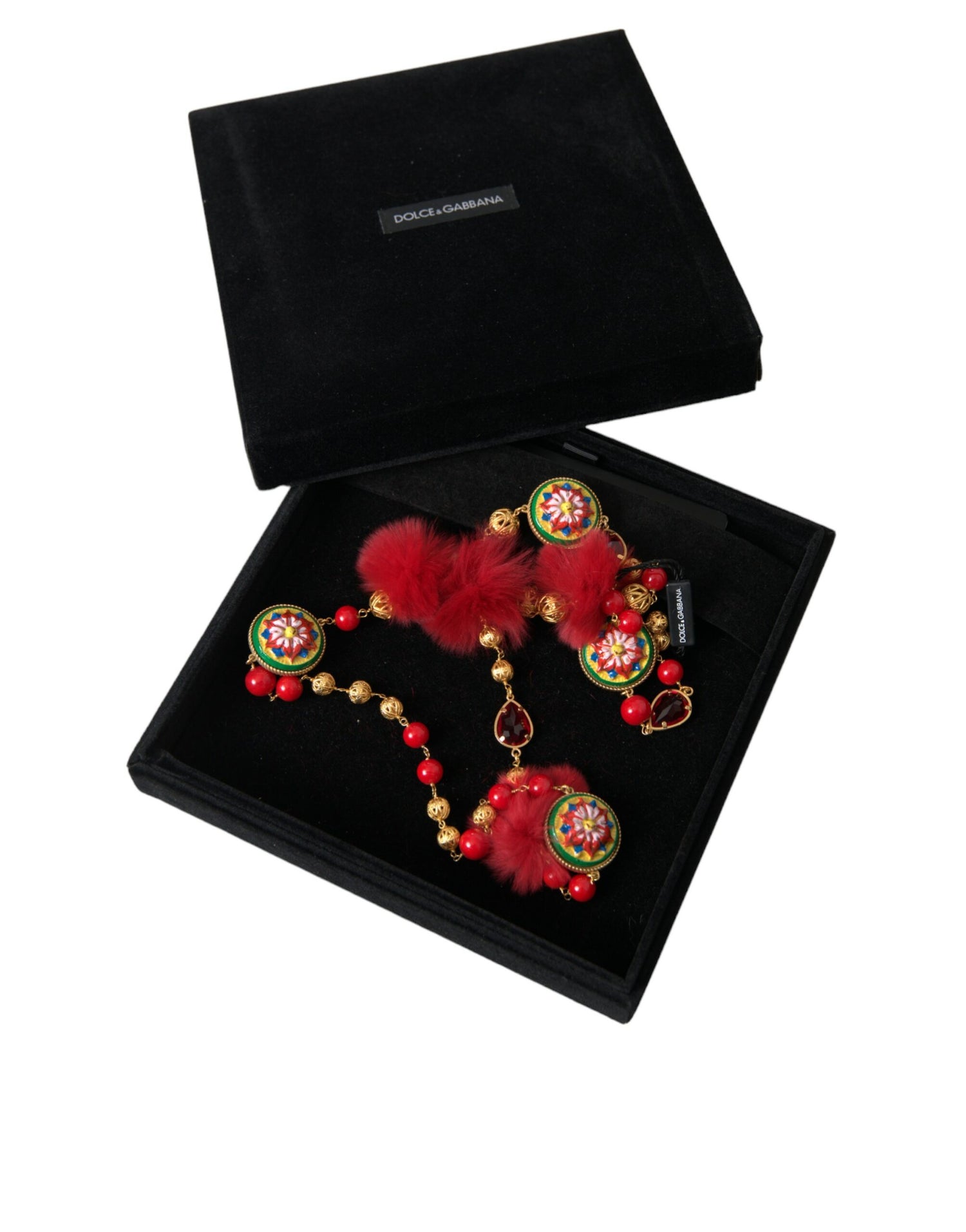 Dolce & Gabbana Gold Brass Red Fur Crystal Carretto Chain Necklace - DEA STILOSA MILANO