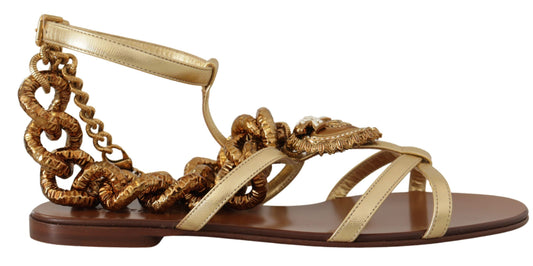 Dolce & Gabbana Gold Leather Devotion Flats Sandals - DEA STILOSA MILANO
