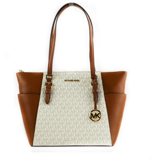 Michael Kors Charlotte Signature Leather Large Top Zip Tote Handbag Bag (Vanilla) - DEA STILOSA MILANO