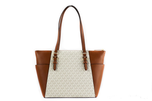 Michael Kors Charlotte Signature Leather Large Top Zip Tote Handbag Bag (Vanilla) - DEA STILOSA MILANO