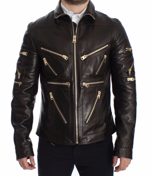 Dolce & Gabbana Brown Lambskin Leather Zipper Jacket - DEA STILOSA MILANO