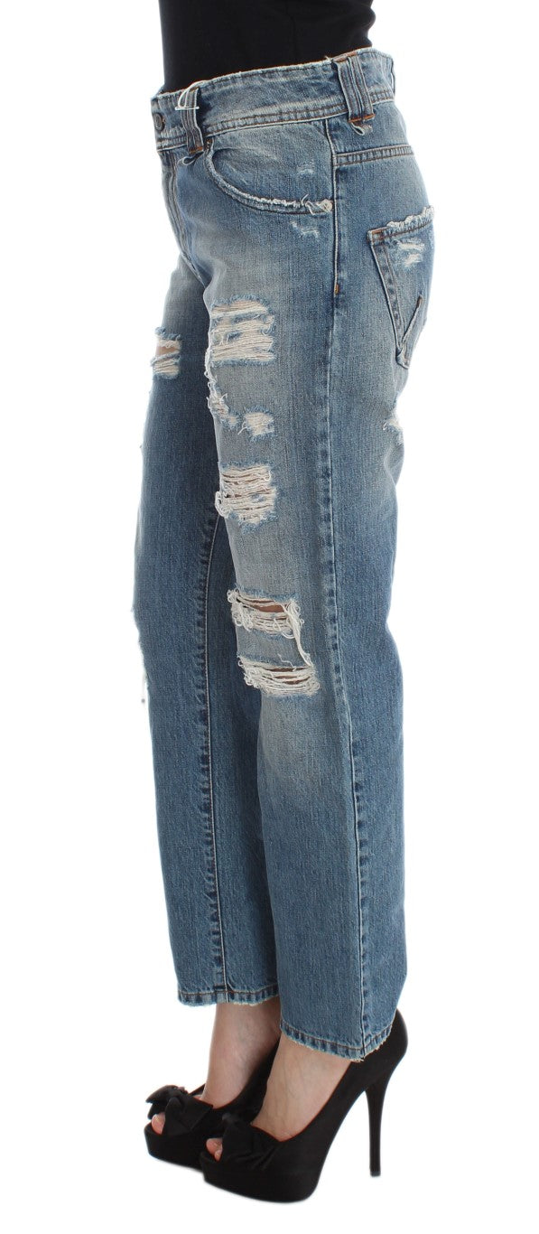 John Galliano Blue Wash Cotton Boyfriend Fit Cropped Jeans - DEA STILOSA MILANO