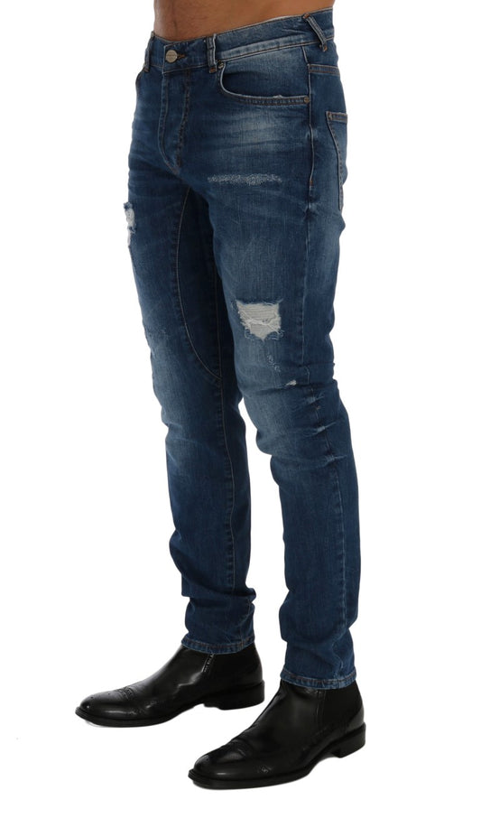 Frankie Morello Blue Wash Torn Dundee Slim Fit Jeans - DEA STILOSA MILANO