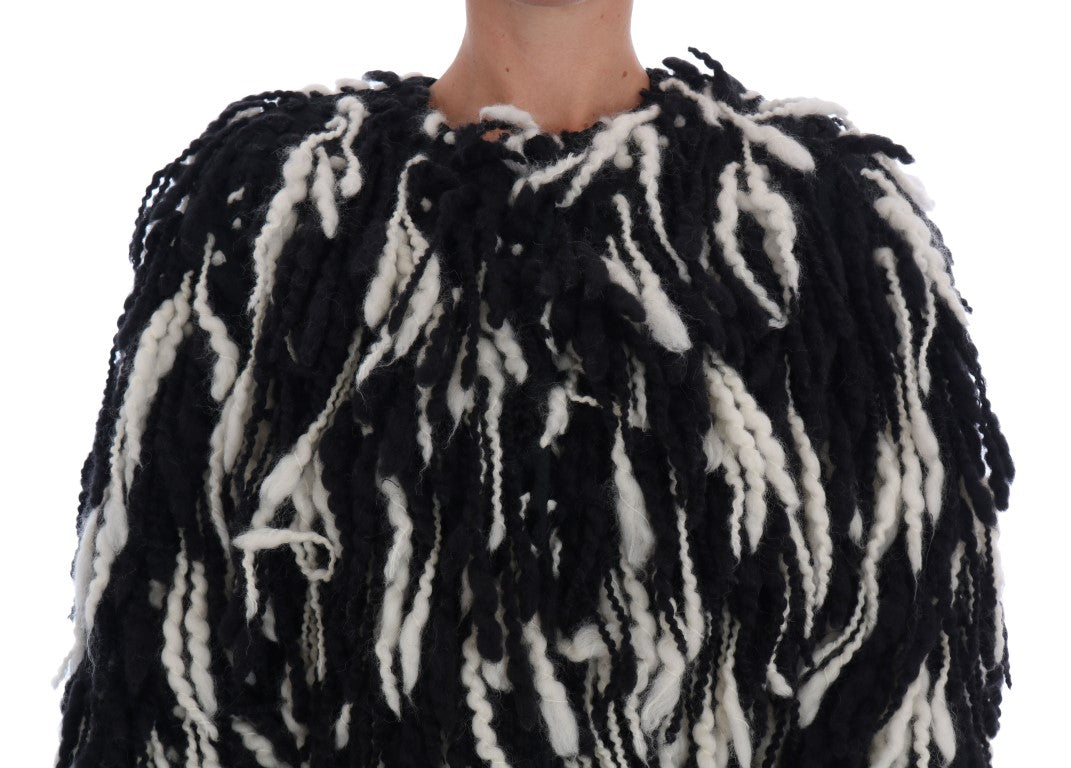 Dolce & Gabbana Black and White Fringed Wool Coat Jacket - DEA STILOSA MILANO