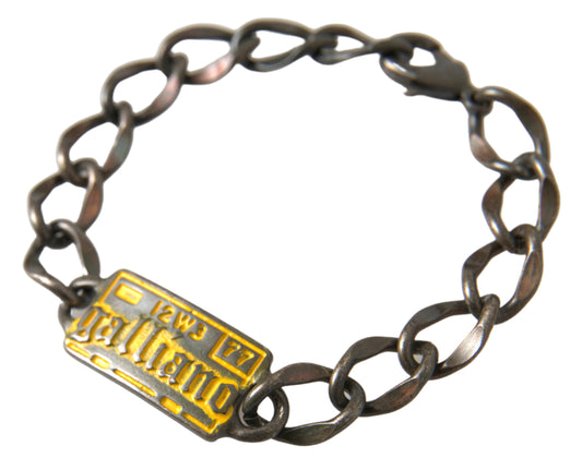 John Galliano Silver Tone Brass Chain Logo Plaque Branded Antique Bracelet - DEA STILOSA MILANO