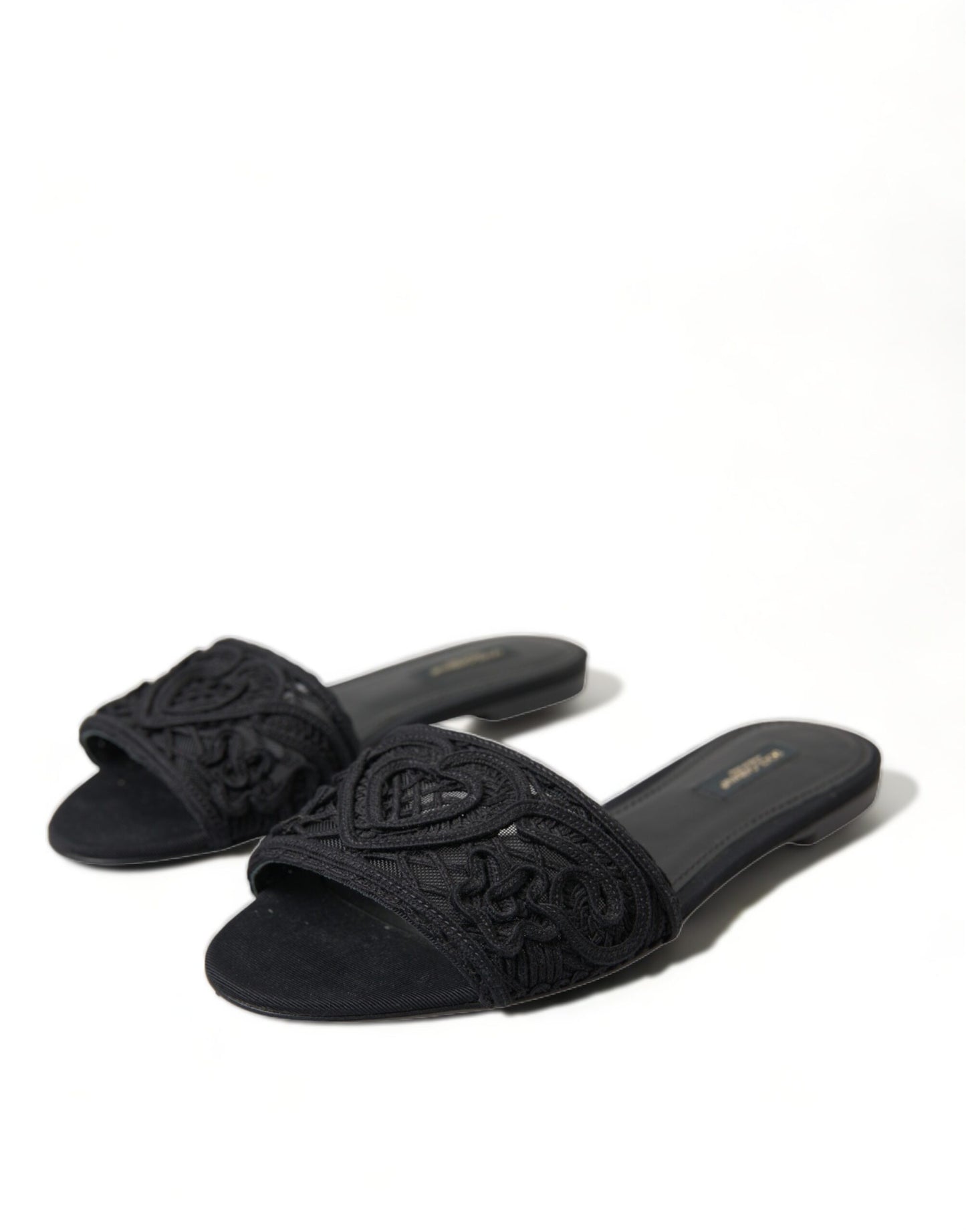 Dolce & Gabbana Black Cotton Heart Embroidery Sandals Shoes - DEA STILOSA MILANO