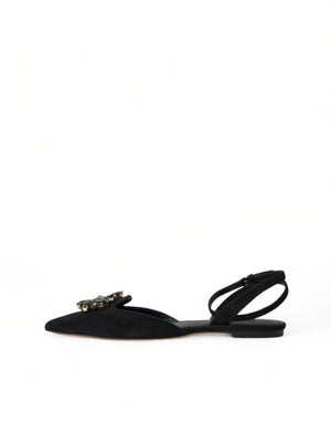 Dolce & Gabbana Black Leather Crystal Slingback Flats Shoes - DEA STILOSA MILANO