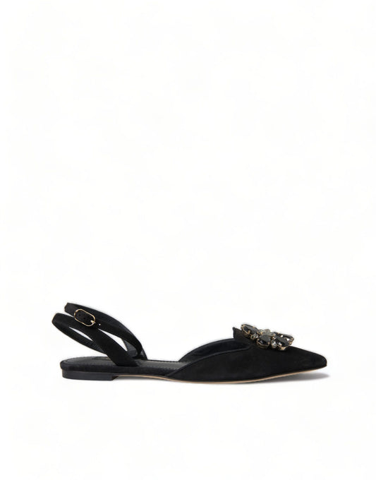Dolce & Gabbana Black Leather Crystal Slingback Flats Shoes - DEA STILOSA MILANO