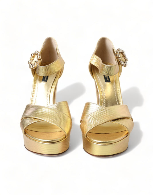 Dolce & Gabbana Gold Crystal Ankle Strap Platform Sandals Shoes - DEA STILOSA MILANO