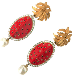 Dolce & Gabbana Red Watermelon Gold Brass Crystal Clip Dangling Earrings - DEA STILOSA MILANO