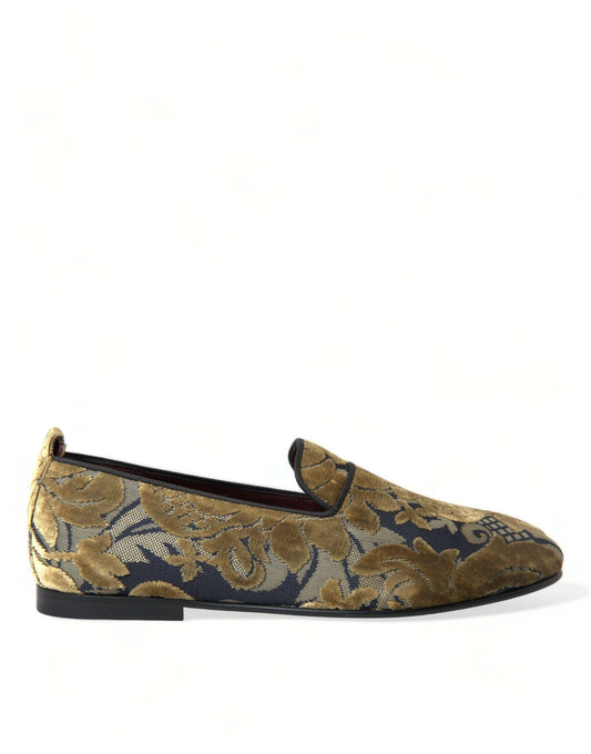 Dolce & Gabbana Gold Velvet Brocade Smoking Slipper Dress Shoes - DEA STILOSA MILANO