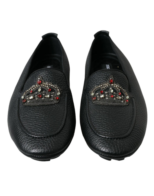 Dolce & Gabbana Black Leather Crystal Embellished Loafers Dress Shoes - DEA STILOSA MILANO