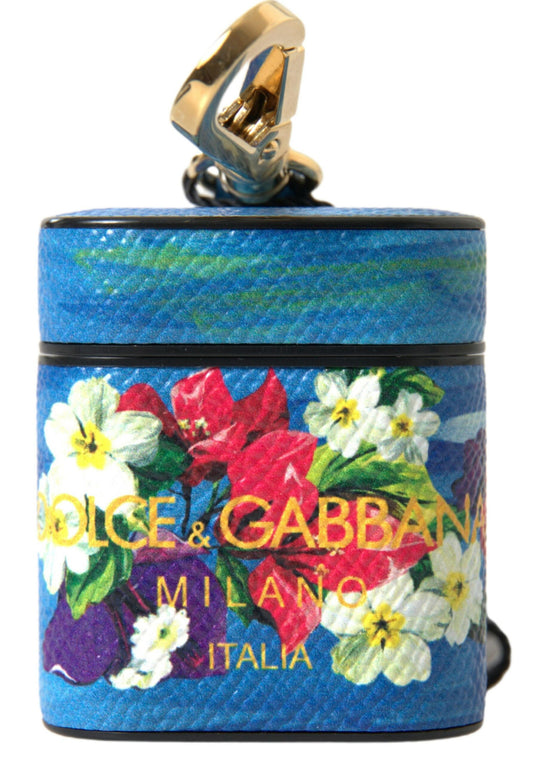 Dolce & Gabbana Blue Floral Dauphine Leather Logo Printed Airpods Case - DEA STILOSA MILANO
