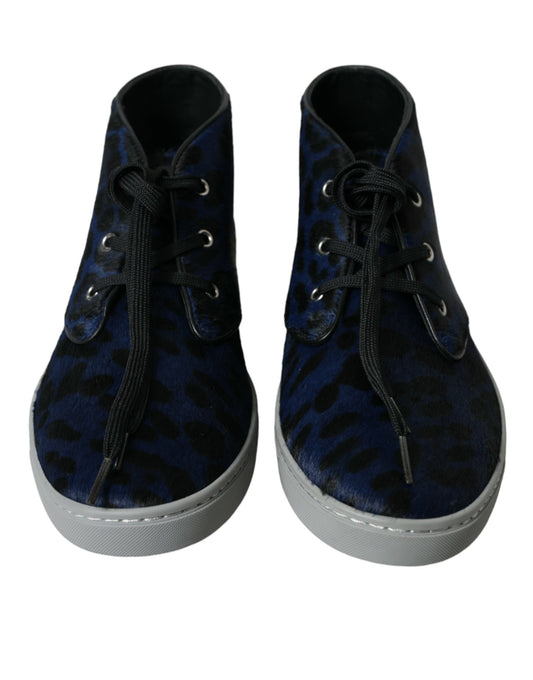 Dolce & Gabbana Blue Calfskin Leopard Mid Top Sneakers Shoes - DEA STILOSA MILANO