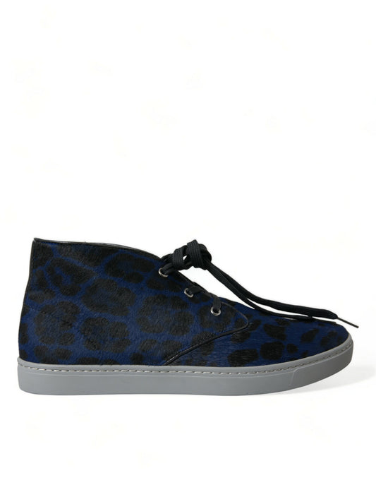 Dolce & Gabbana Blue Calfskin Leopard Mid Top Sneakers Shoes - DEA STILOSA MILANO