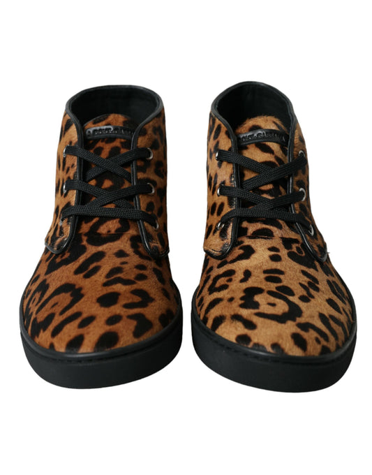 Dolce & Gabbana Brown Leopard Pony Hair Leather Sneakers Shoes - DEA STILOSA MILANO