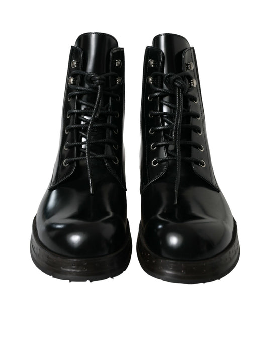 Dolce & Gabbana Black Leather Lace Up Mid Calf Boots Shoes - DEA STILOSA MILANO