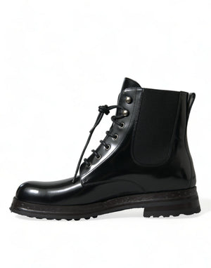 Dolce & Gabbana Black Leather Lace Up Mid Calf Boots Shoes - DEA STILOSA MILANO
