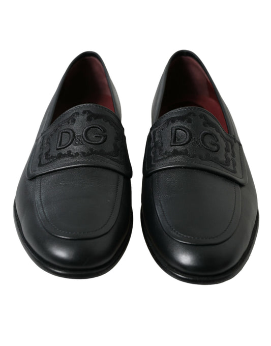Dolce & Gabbana Black Leather Logo Embroidery Loafers Dress Shoes - DEA STILOSA MILANO