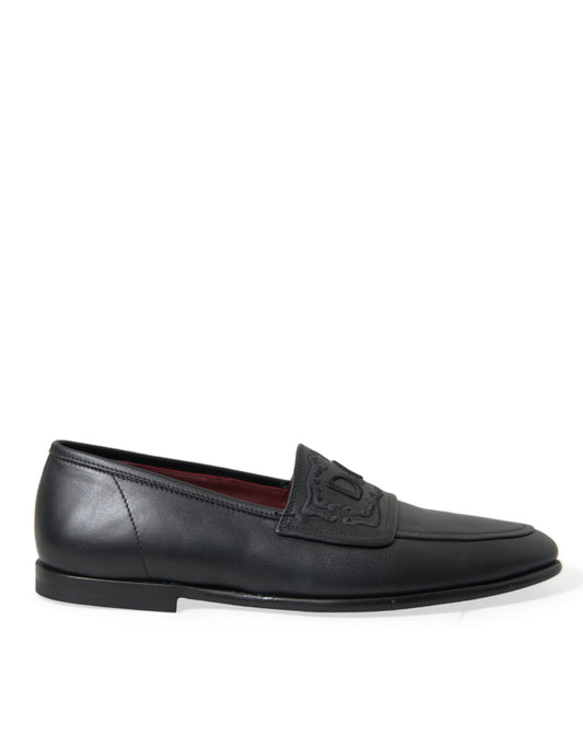 Dolce & Gabbana Black Leather Logo Embroidery Loafers Dress Shoes - DEA STILOSA MILANO
