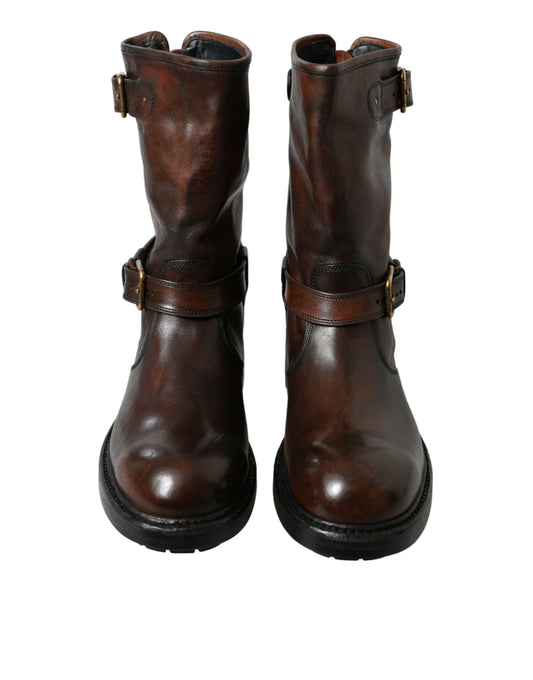 Dolce & Gabbana Brown Leather Mid Calf Biker Boots Shoes - DEA STILOSA MILANO