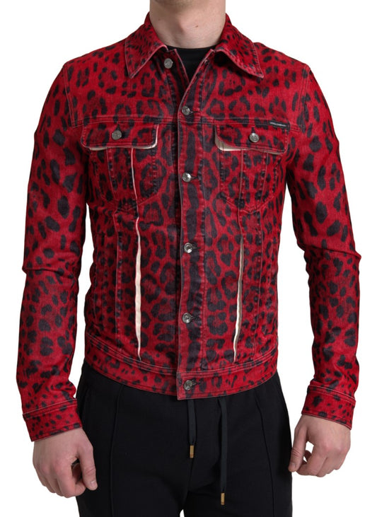 Dolce & Gabbana Red Leopard Cotton Collared Denim Jacket - DEA STILOSA MILANO