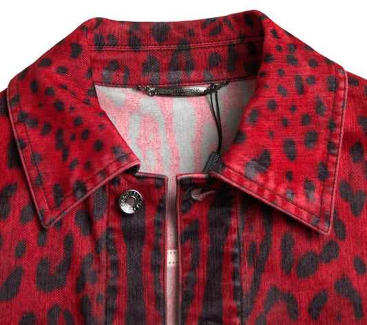 Dolce & Gabbana Red Leopard Cotton Collared Denim Jacket - DEA STILOSA MILANO