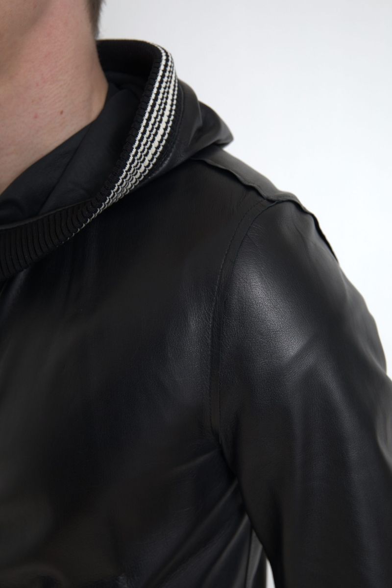 Dolce & Gabbana Black Leather Full Zip Hooded Men Jacket - DEA STILOSA MILANO
