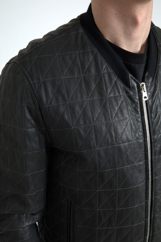 Dolce & Gabbana Black Leather Full Zip Bomber Coat Jacket - DEA STILOSA MILANO