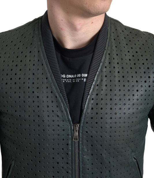 Dolce & Gabbana Green Perforated Leather Bomber Jacket - DEA STILOSA MILANO