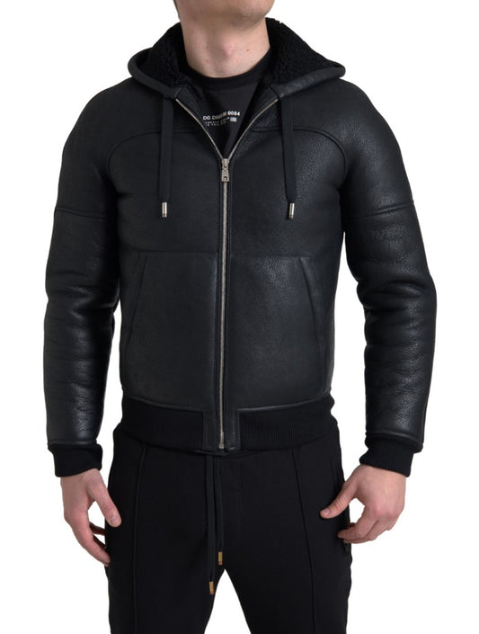 Dolce & Gabbana Black Leather Full Zip Hooded Men Jacket - DEA STILOSA MILANO