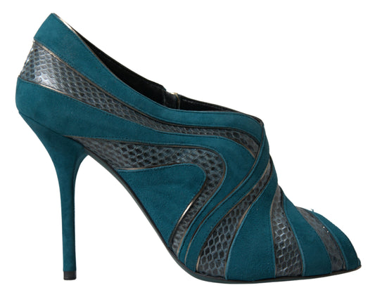 Dolce & Gabbana Blue Teal Snakeskin Peep Toe Ankle Booties Shoes - DEA STILOSA MILANO