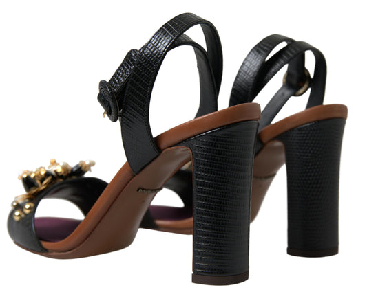 Dolce & Gabbana Black Lizard Embossed Floral Pearls Sandals Shoes - DEA STILOSA MILANO