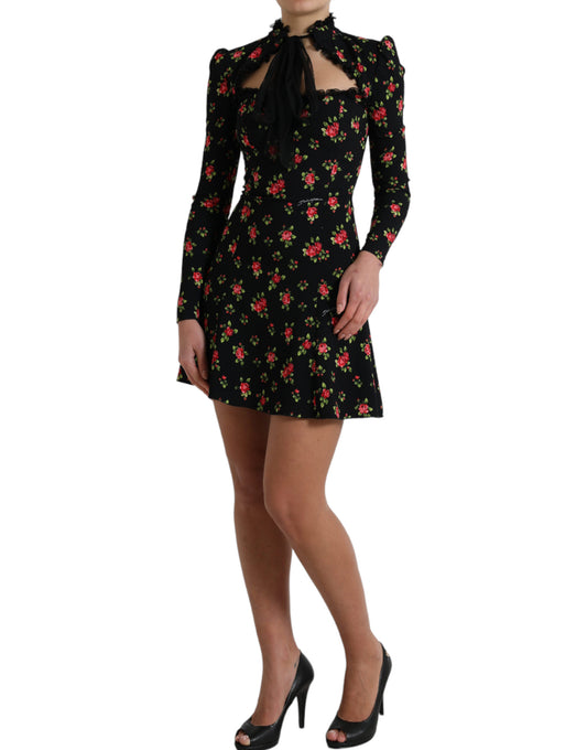 Dolce & Gabbana Black Floral A-line Long Sleeves Mini Dress - DEA STILOSA MILANO