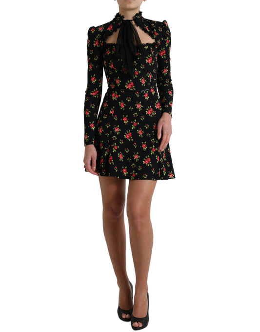 Dolce & Gabbana Black Floral A-line Long Sleeves Mini Dress - DEA STILOSA MILANO