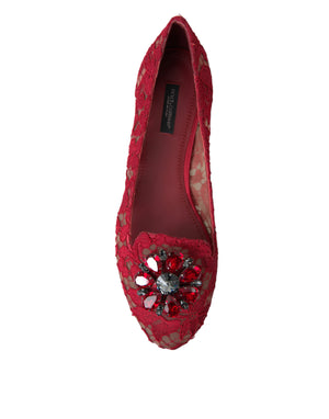 Dolce & Gabbana Red Vally Taormina Lace Crystals Flats Shoes - DEA STILOSA MILANO