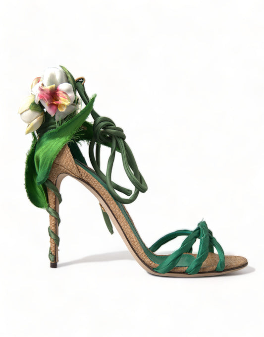 Dolce & Gabbana Green Flower Satin Heels Sandals Shoes - DEA STILOSA MILANO